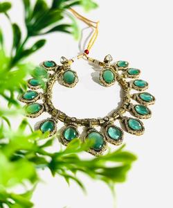 Green Oval Stone Choker Necklace Set Gold Plated Statement Fashion Jewelry with Matching Earrings for Women Party Wedding - Product Image 4