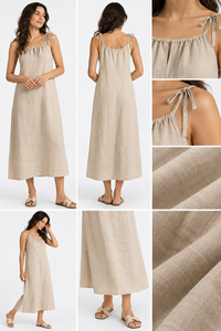 Fournisseur OEM Professionnel – Nouvelle Collection – Robe Midi Décontractée d'Été Beige à Bretelles Fines, Respirante, Écologique, Style Vintage, Ample, en Lin/Coton - Product Image 3