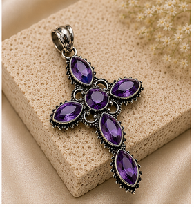 Natural Amethyst Cross Pendant, Sterling <b>Silver</b> Cross Necklace, Faceted Purple Amethyst Jewelry, February Birthstone Pendant, Re - Product Image 2