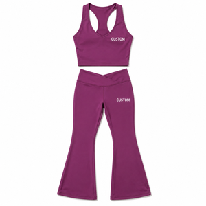 Women's Purple <b>Pilates</b> Outfit Racerback Crop Top Wide Flare <b>Yoga</b> Trousers Flexible Gym Wear Spandex Polyester 2 Piece Activewear - Product Image 3