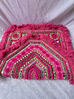 Bolso de mano artesanal con cuentas, bordado tribal, espejo, flecos, estilo bohemio, textil, para festivales, con botón de satén