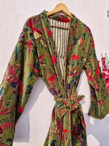 OFMD Green Bird Velvet Banyan Fabric Kimono Velvet <b>Robe</b> Long, Original OFMD break up <b>robe</b> Printed Kimono With Tassels - Product Image 6