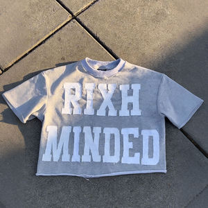 Camiseta de algodón oversize con lavado ácido de marca privada, estampado gráfico, aplique de letras de chenilla personalizado, estilo urbano, para hombre - Product Image 5