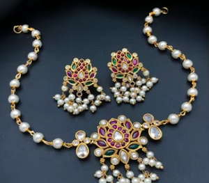 Ensemble de collier de luxe de créateur avec boucles d'oreilles avec pierres et perles pour femmes pour les fêtes de mariage à porter pour les femmes Ensemble de bijoux de mode - Product Image 2