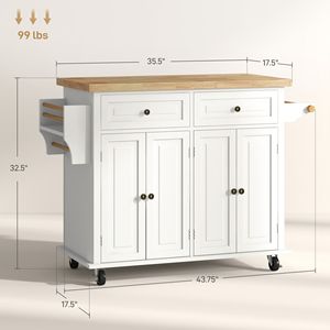 Carrello da Cucina Bianco Crema con Ruote, Piano in Legno di Gomma, Porta Spezie, Portasciugamani e Cassetti - Product Image 3