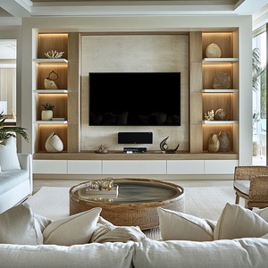 <span class=keywords><strong>Meuble</strong></span> <span class=keywords><strong>TV</strong></span> mural sur mesure de style naturel avec étagère ouverte <span class=keywords><strong>et</strong></span> rangement LED pour salon, villa, appartement, projet hôtelier - Product Image 1