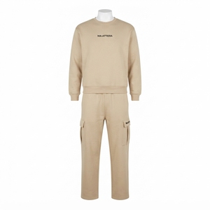 Ensemble de survêtement décontracté pour homme, sweat-shirt à col rond beige et pantalon cargo assorti, deux pièces, streetwear - Product Image 3