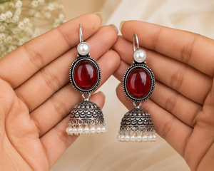 Oxidized <b>Silver</b> Monalisa Stone Chandelier <b>Earrings</b> | Imitation Pearl Vintage Ethnic Brass <b>Earrings</b> for Women | Handmade Indian - Product Image 3