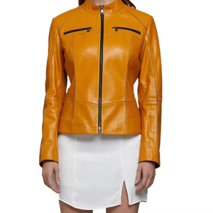 Women's Genuine Leather Moto <b>Jacket</b> Stand Collar Full Sleeve Zipper Closure Autumn Solid Color <b>Biker</b> <b>Jacket</b> Short Length - Product Image 3