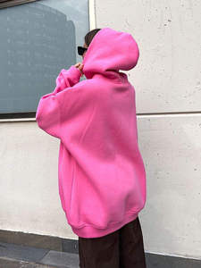 Pink Oversized Hooded Sweatshirt Fleece Pullover Solid Color Regular Sleeve Autumn Wear - Product Image 3