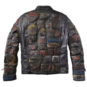 Veste de moto en cuir véritable pour homme avec broderie patchwork, col rabattable, fermeture éclair, style automne - Product Image 6