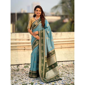 Traditional Zari Contrast Woven Saree Soft Silk Baby Blue <b>Club</b> <b>Dress</b> with Elegant Style - Product Image 6