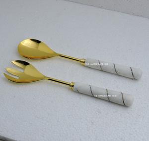Juego de 2 servidores de ensalada de acero inoxidable sostenible con mango de mármol blanco para mesa de comedor, uso doméstico. - Product Image 4