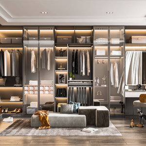 Armoire ouverte sur mesure de luxe de style mid-century moderne pour chambre à coucher, <span class=keywords><strong>dressing</strong></span>, avec logo de marque, combinaison d'armoires pleine <span class=keywords><strong>hauteur</strong></span> - Product Image 1