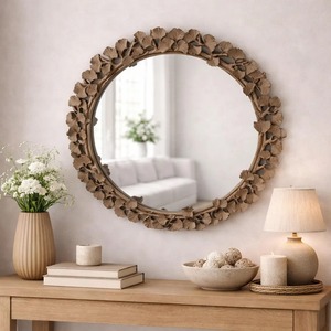 Black Leaf Shaped Design Edge Round Mirror Perfect For Living Room Wall Decor Adds Natural Inspired Elegant Look From India - Product Image 3