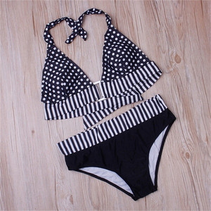 Conjunto de Bikini de Dos Piezas para Mujer con Estampado de Lunares y Rayas, Cuello Halter, Ribete en Contraste, Spandex, Poliéster, Traje de Baño, Ropa de Playa - Product Image 6