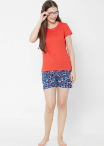 Women's Blue Print Cotton Shorts Casual <b>Elastic</b> Waist Knitted Breathable Regular Fit Letter Pattern - Product Image 3