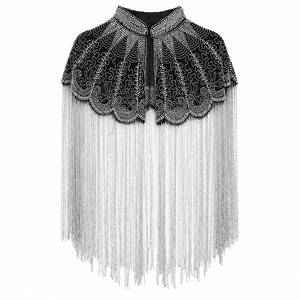 Cape à franges perlées en polyester noir et argent, faite à la main par Conifer, ornements complexes pour tenues de soirée, costumes de scène, mode - Product Image 1