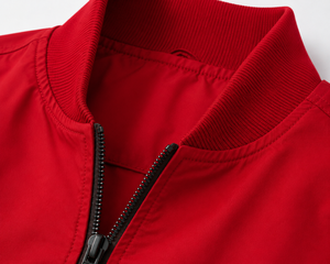 KOURPUR INTERNATIONAL Men's Red Bomber Jacket Stand Collar <b>Covered</b> <b>Button</b> Closure Casual Slim Fit Polyester Winter Wear - Product Image 3