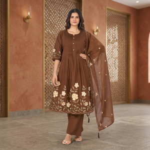 Ensemble Anarkali en coton brodé marron avec dupatta pour femmes, pour les fêtes et les festivals, de la part de Samp Corporation - Product Image 6
