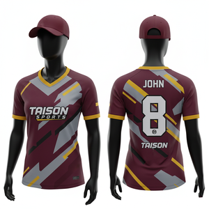 Camiseta de Fútbol Femenina Premium de Poliéster 150 GSM, Color Borgoña, Gris y Amarillo, Paneles Geométricos, Transpirable, Sublimación, Logotipo del Equipo Personalizado - Product Image 1