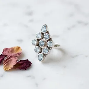 Anillo de Plata de Ley 925 con Topacio Azul en Forma de Flor, Engaste de Bisel, Corte de Pera, Joyería Bohemia para Mujer - Product Image 3