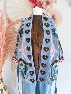Boho Embroidery Denim Kimono <b>Cardigan</b> Long Sleeve Loose Fit Floral Pattern Hand Embroidered Casual Wear Spring Style - Product Image 1