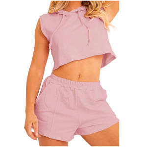 Women's Blue Hooded Full Sleeve Crop Top & Shorts <b>Set</b> Casual Breathable Polyester Puff Printed Spring Summer Wear - Product Image 5
