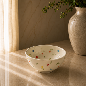 Bol à riz en céramique élégant, motif floral tulipe délicat et mignon, finition émaillée lisse pour une présentation de table sophistiquée au quotidien - Product Image 1