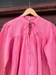 Women’s Pink Cotton Slub Lightweight Blouse Long Sleeve Tie Neck Button Front Top Casual <b>Boho</b> Summer <b>Shirt</b> Ladies Office Wear - Product Image 2