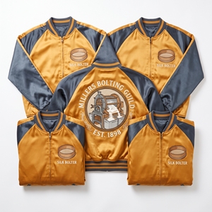 Chaqueta Bomber de Satén al por Mayor con Cremallera, Mangas Raglán, Color Carbón Crema, Bordado en la Espalda, Estilo Universitario - Product Image 5