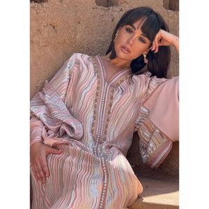 Two-piece Maxi <b>Kaftan</b> Crafted From Silk in a Pink Gold Silver Pattern V-neckline Flowy Wide Sleeves Natural Waist Pink Plain - Product Image 2