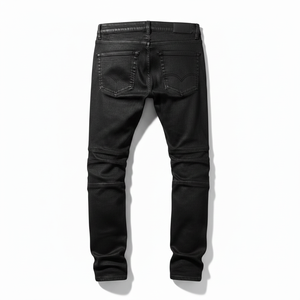 Jean moto noir pour homme, coupe droite, taille mi-haute, en denim de coton délavé avec rivets, fermeture boutonnée, style automne - Product Image 3