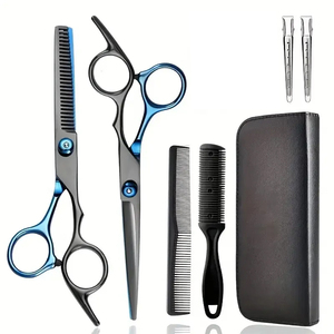 Professional Ortho Genix Satinless Steel Hair Styling Kit Blue Black Coated Cutting Texturizing Shears Set Comb <b>Clip</b> Leather - Product Image 5