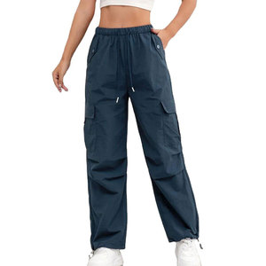 Pantalon cargo bleu marine pour femme, taille élastique avec cordon de serrage, plusieurs poches, décontracté, respirant, pour l'automne, en polyester tissé - Product Image 1