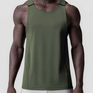 เสื้อกล้ามออกกำลังกายผู้ชายสีเขียวมะกอกแบบกำหนดเอง ทรง Racerback แห้งเร็ว ระบายอากาศได้ดี ผลิตจากโพลีเอสเตอร์/คอตตอน สำหรับเล่นกีฬาและเพาะกาย - Product Image 3