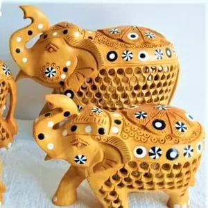 Handcrafted White Inlay Work Traditional Jali Carved Indian <b>Decorative</b> Statues Wooden <b>Elephant</b> Set of 4 with Black - Product Image 1