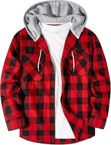 Red Black Plaid Hooded Flannel Shirt Protective Kevlar <b>Jacket</b> Quilted Lined Long Sleeve - Product Image 4