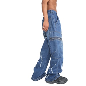 Jean cargo délavé et vieilli pour homme, coupe ample, taille haute, jambe large, en denim avec poches zippées - Product Image 3