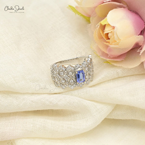 14k Fine White <b>Gold</b> Natural 6x4mm Octagon Tanzanite Gemstone <b>Cocktail</b> <b>Ring</b> 1.1mm Pave Diamond Halo Wedding <b>Ring</b> Ready To Ship - Product Image 4