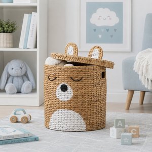 Handmade Water Hyacinth Bear <b>Storage</b> <b>Basket</b> with Lid Kids <b>Toy</b> Organizer Woven Nursery Laundry <b>Basket</b> Home Decor - Product Image 1