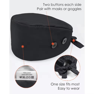 Casquette chirurgicale noire professionnelle avec boutons pour masque facial - Chapeau chirurgical en coton respirant avec lien réglable à l'arrière - Vente en gros - Product Image 6