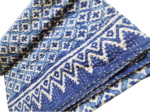 Colcha Kantha Tradicional de Algodón con Bloques Tejidos a Mano, Patrón Geométrico, Cosida a Mano, Azul, Decoración para el Hogar para Todas las Estaciones, Plegable - Product Image 2