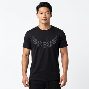 Camiseta negra para hombre con alas en relieve y logotipo R estampado en la parte delantera, manga corta, corte regular, jersey informal con cuello redondo - Product Image 5