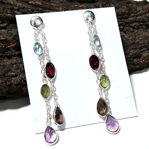 925 <b>Silver</b> Natural Multicolor Gemstone Drop <b>Earrings</b> Amethyst Garnet Peridot Smoky Quartz Bezel Setting Bohemia Style Women's - Product Image 3
