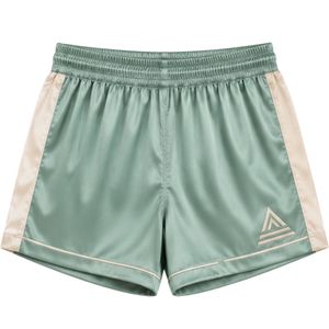 Ensemble de pyjama en satin vert sauge pour femmes, haut à manches courtes et short, bordure contrastante beige, vêtements de nuit doux, fabrication sur mesure OEM ODM - Product Image 4