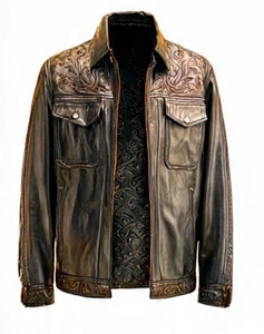 เสื้อแจ็คเก็ตหนังสีน้ำตาลลายนูนสำหรับผู้ชาย Champ King พร้อมซับในผ้าซาตินสีเขียว คอตั้ง ปิดด้วยซิป - Product Image 1