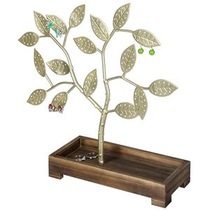 Brass Tone Metal Jewelry <b>Tree</b> Earring <b>Necklace</b> Holder Organizer Wooden Ring Tray Jewelry Stand Vanity Display Gift - Product Image 4