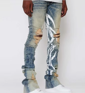 Pantalones Vaqueros Apilados Vintage Personalizados al por Mayor, Jeans Apilados Rasgados con Estampados de Corte Ajustado para Hombre, Jeans Acampanados - Product Image 5