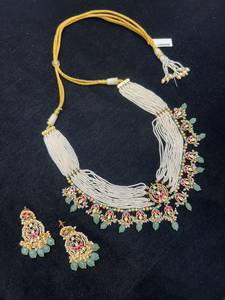 TISHYA DIAMOND Ethnic <b>Gold</b> Plated Imitation Pearl Brilliant Cut Necklace Earring <b>Set</b> Ruby Tassel Women's Wedding Jewelry Gujarat - Product Image 1